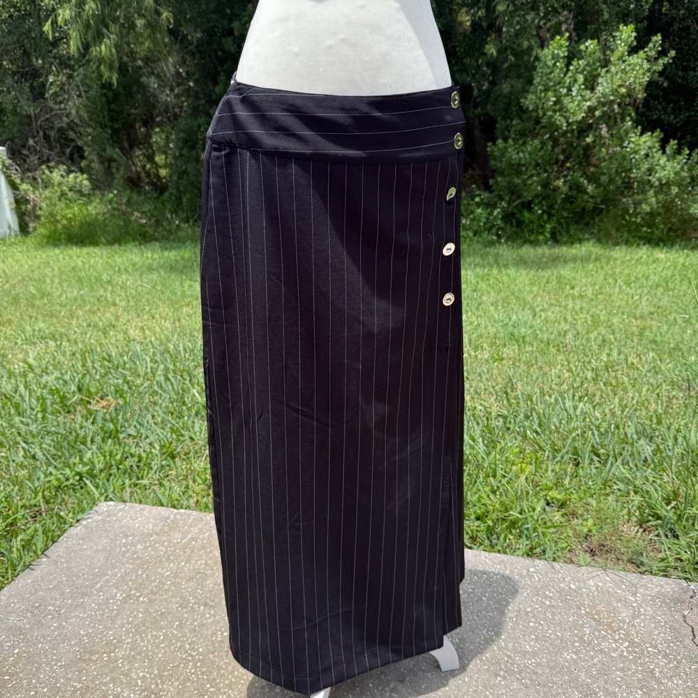 Y2K Dark Academia Preppy Maxi Skirt Pinstripe Button Minimalist Women 10 Black